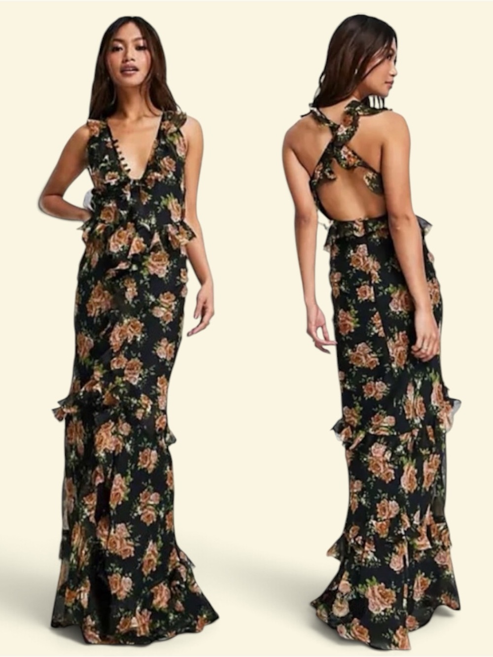 ASOS DESIGN All dressed up Floral Plunge Neck Ruffle Crossover Maxi Dress Sz. 2